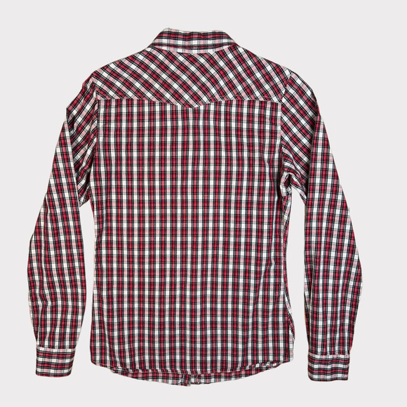 Maison Scotch (Sz 2) Plaid Snap Button Leather Elbow Patch Shirt - Picture 6 of 13